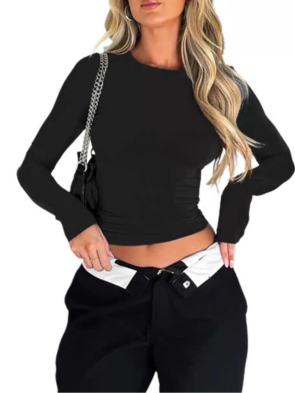 Set of 2 Women's Long Sleeve Black and White Crewneck Slim Top